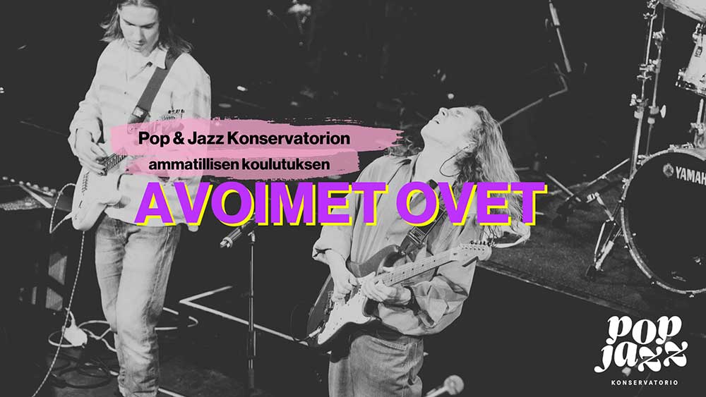 Pop & Jazz Konservatorion ammatillisen koulutuksen Avoimet ovet. Kuvassa kaksi kitaristia soittamassa.